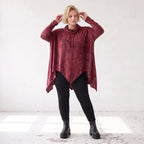 Rollkragenshirt in A-Linie aus Baumwolljersey in Bordeaux/Schwarz mit Tunnelzug Zipfelsaum