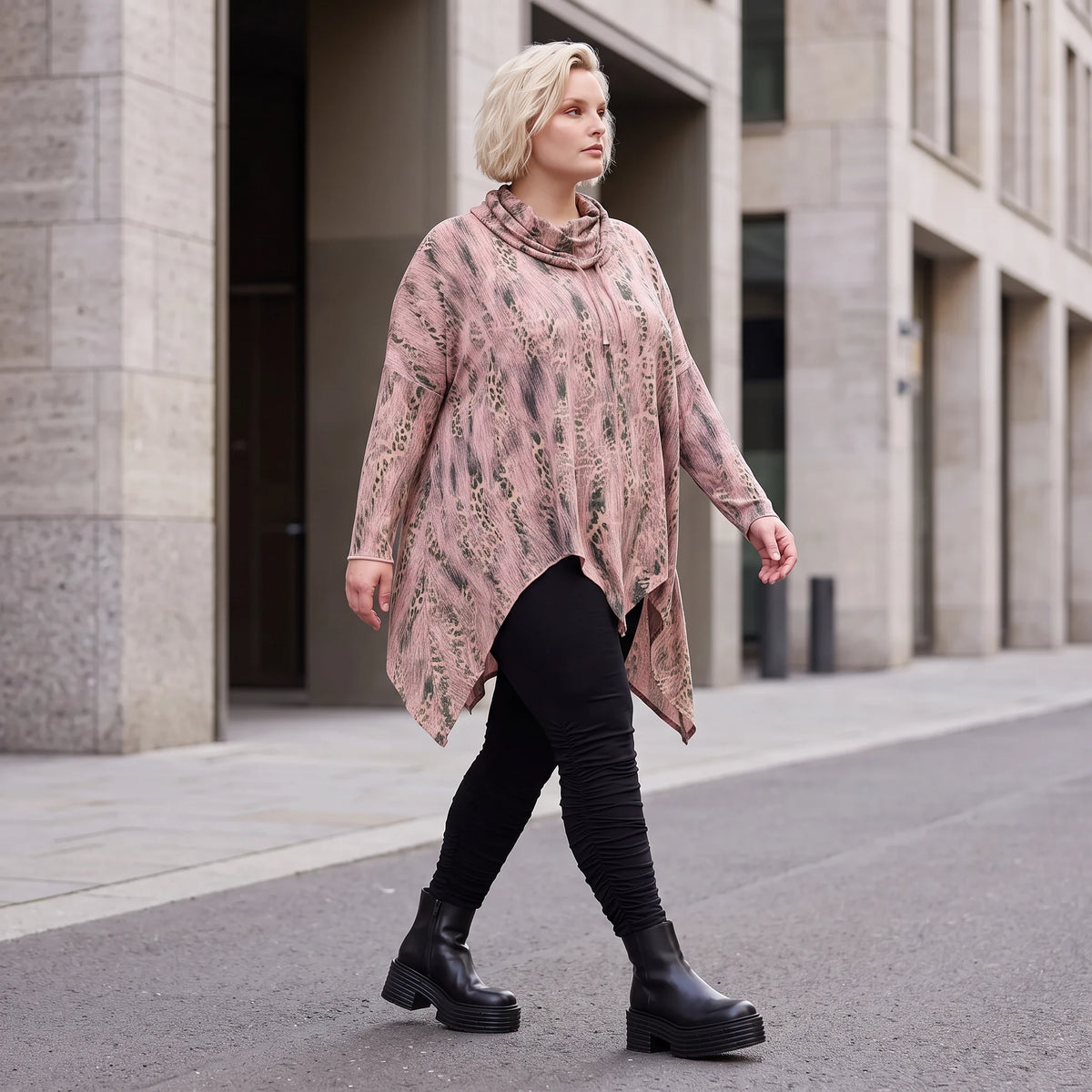 Wintershirt in Rosa/Beige mit Rollkragen Tunnelzug Zipfelsaum und Baumwolle A-Linie