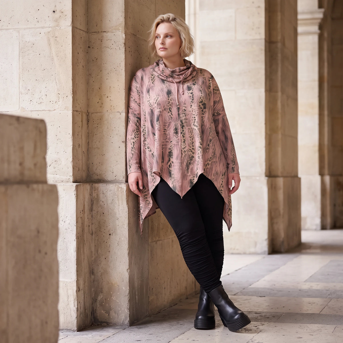 Wintershirt in Rosa/Beige mit Rollkragen Tunnelzug Zipfelsaum und Baumwolle A-Linie