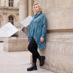 Wintershirt in Blau/Beige aus Baumwolljersey mit Rollkragen Tunnelzug und Zipfelsaum