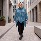 Wintershirt in Blau/Beige aus Baumwolljersey mit Rollkragen Tunnelzug und Zipfelsaum