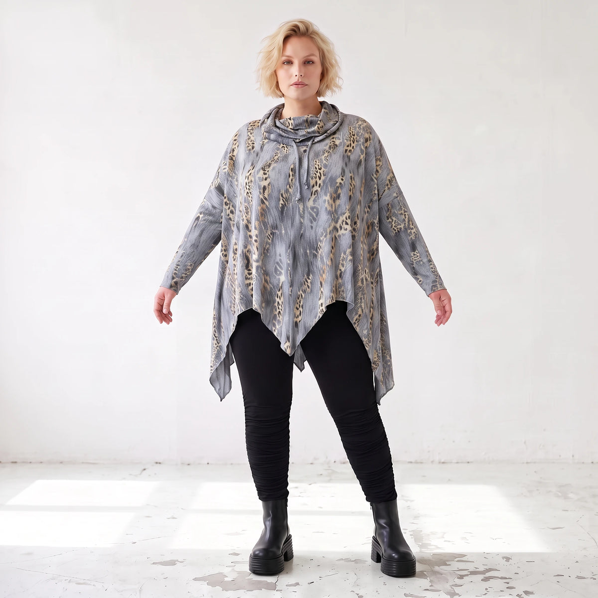 Wintershirt aus Baumwolljersey in A-Linie mit Rollkragen und Tunnelzug kuschelig weich