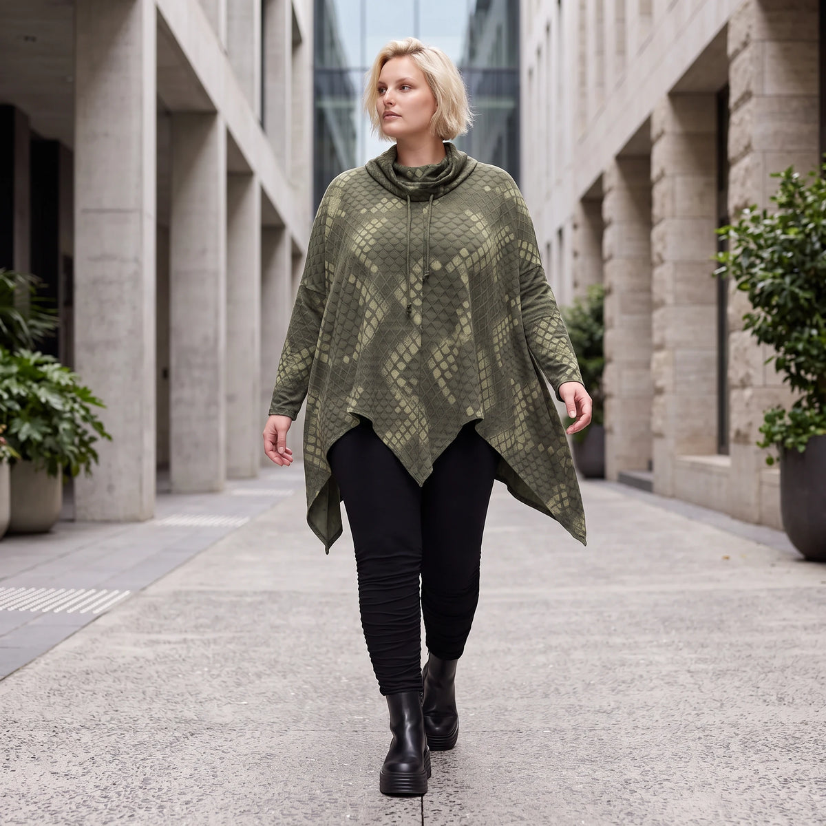 Wintershirt aus Baumwolljersey mit Rollkragen Tunnelzug und Zipfelsaum in A-Linie weich