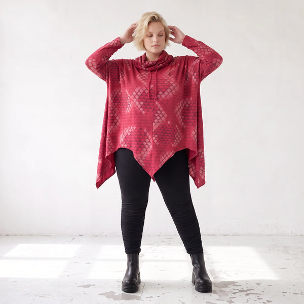 Wintershirt in Rot/Schwarz mit Rollkragen Tunnelzug A-Linie aus Baumwolljersey Zipfelsaum