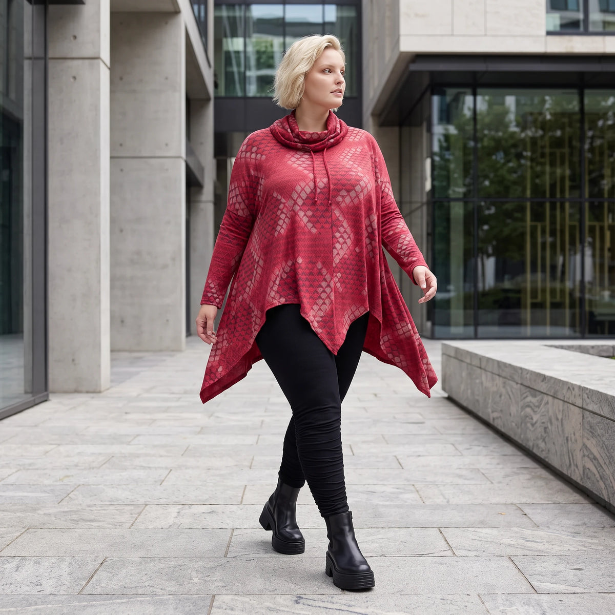 Wintershirt in Rot/Schwarz mit Rollkragen Tunnelzug A-Linie aus Baumwolljersey Zipfelsaum