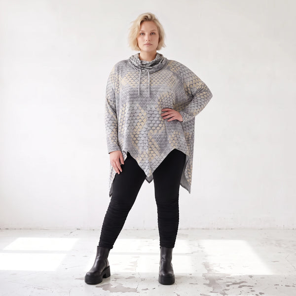 Baumwollshirt in Grau/Beige in A-Linie mit weichem Rollkragen Tunnelzug und Zipfelsaum