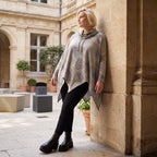 Baumwollshirt in Grau/Beige in A-Linie mit weichem Rollkragen Tunnelzug und Zipfelsaum