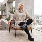 Baumwolljersey Langarmshirt in Beige/Grau mit Rollkragen A-Linie und asymmetrischem Saum