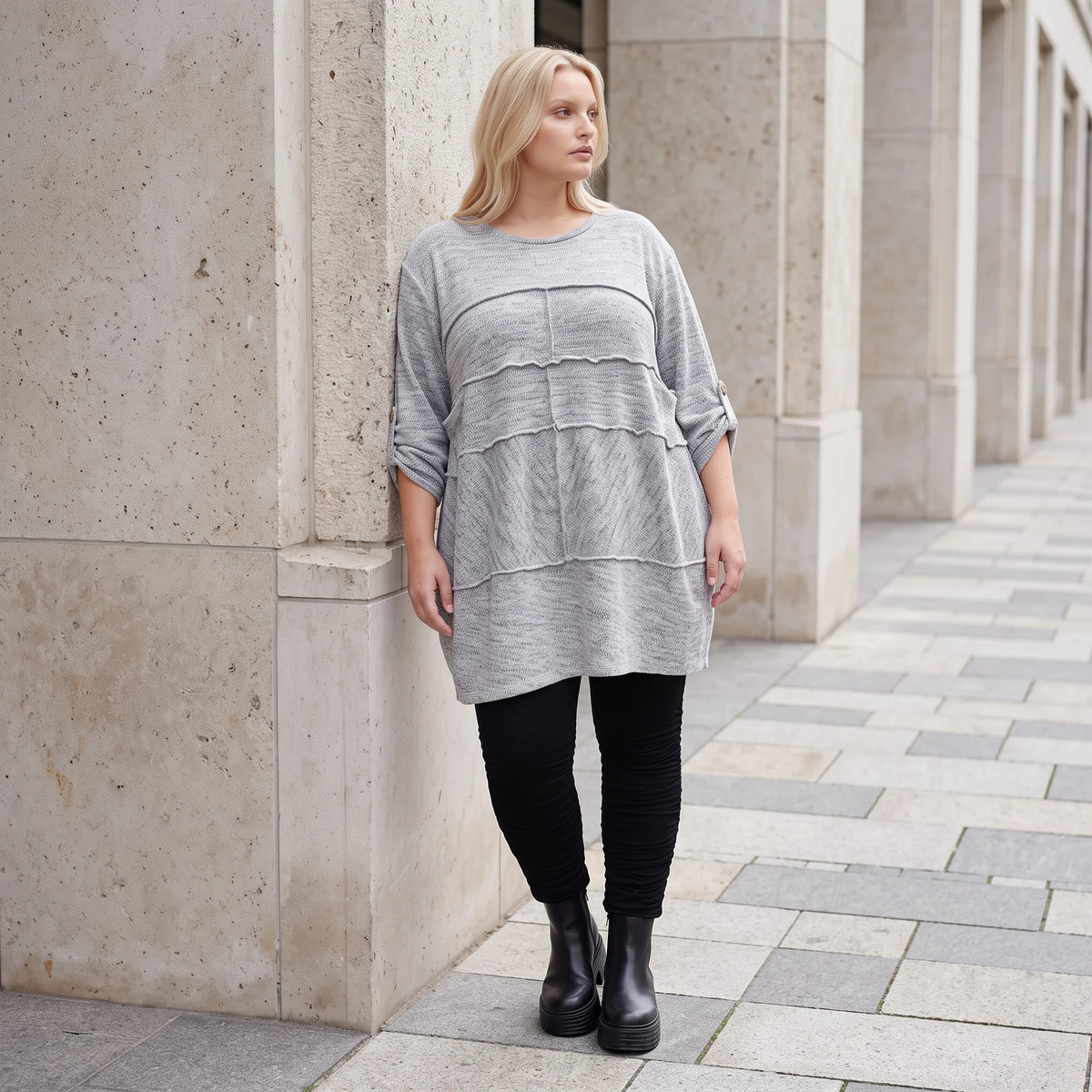 Silbernes Strickshirt in A-Linie aus weichem Stretchstoff warmes Basic für den Winter