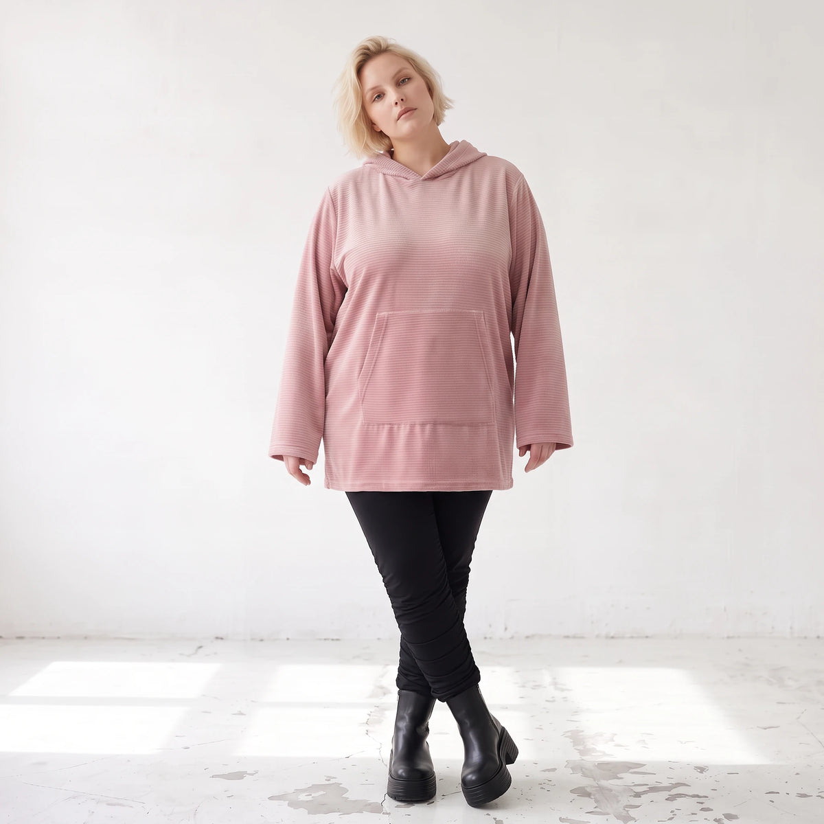 Rosa Ripp Hoodie mit Kapuze Kängurutasche und Stretch mit gerader bequemer Passform