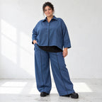 Jeansblaue Ballonhose aus Stretchdenim mit Dehnbund aus Baumwolle und Elasthan Basic