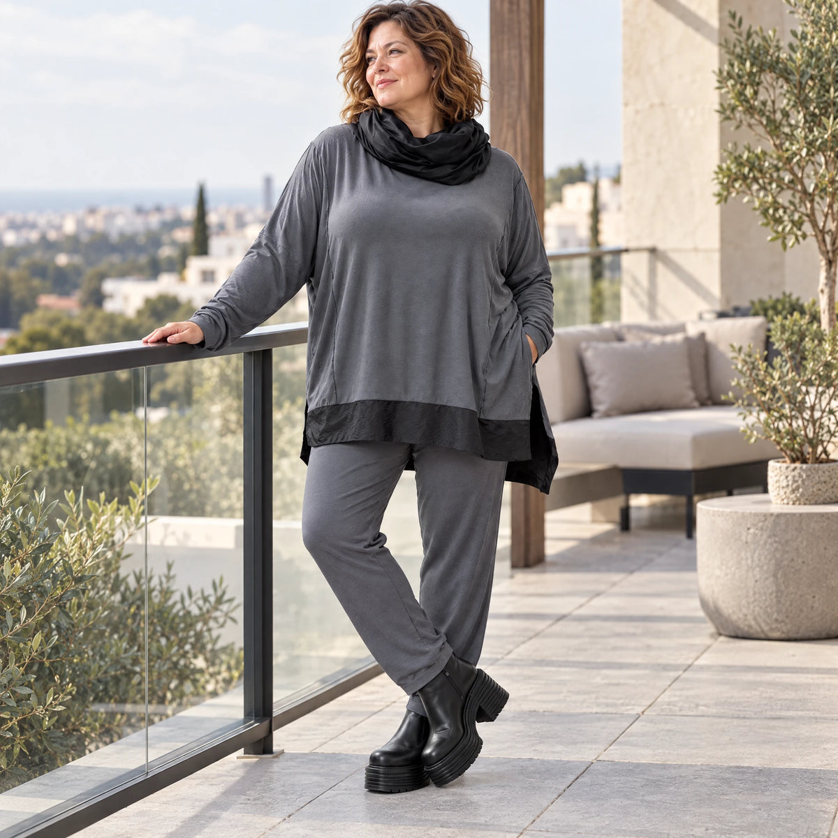Graue Karottenleggings aus Jersey mit Stretch und Elastikbund weich und bequem warm
