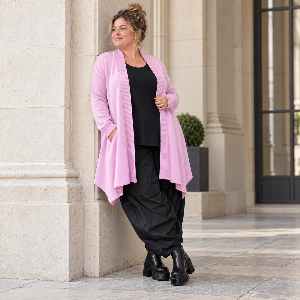 Offener Baumwollstrickcardigan in A-Linie weich warm mit Glockenform ohne Verschluss