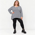 Langarmshirt Dunkelblau/Weiß aus weichem Stretchjersey in A-Linie mit Seitenschlitzen