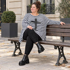 Langarmshirt in Dunkelblau/Weiß aus weichem Stretchjersey in A-Linie mit Seitenschlitzen