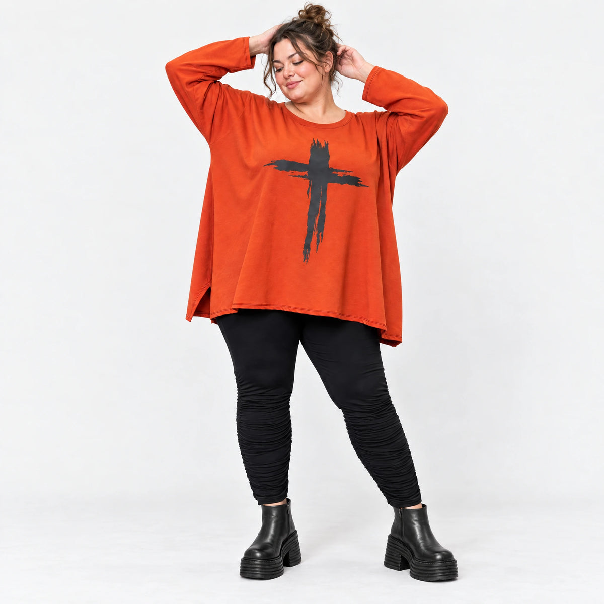 Langarmshirt in leuchtendem Orange aus weichem Stretchjersey aus Italien mit A-Linie