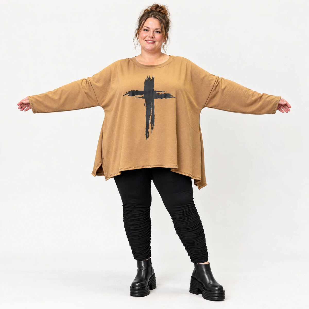 Langarmshirt Basic in Camel aus weichem Jersey mit Elasthan und schmeichelnder A-Linie
