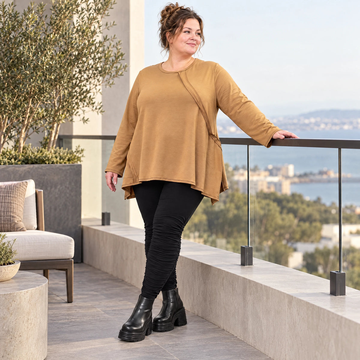 Langarmshirt in Camel mit weiter A-Linie aus weichem Stretchjersey für Alltagslooks