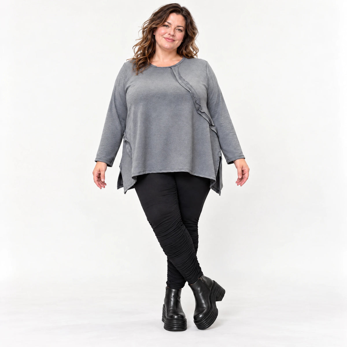 Weiches Langarmshirt in Grau mit fließender A-Linie aus feinem Jersey mit Elasthananteil
