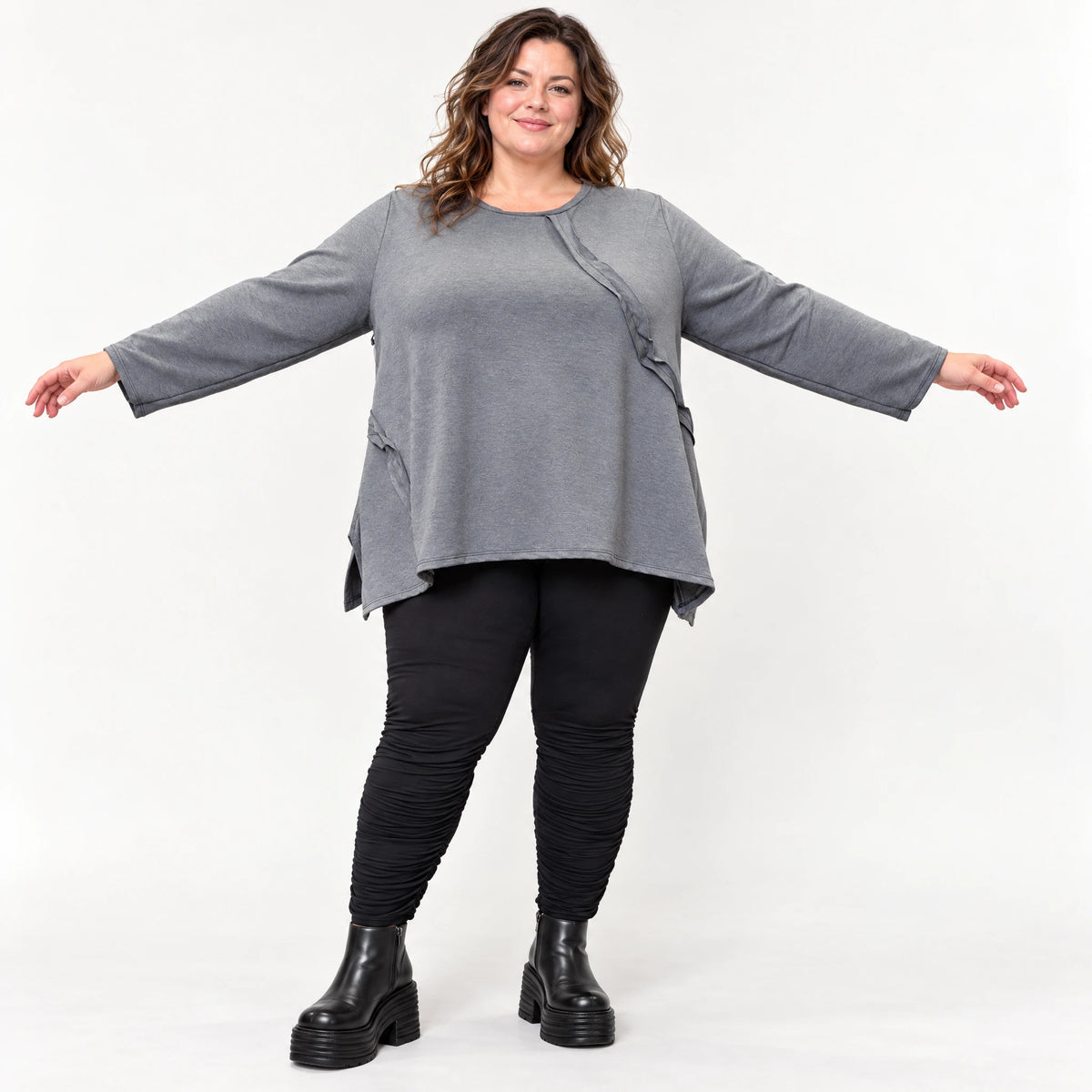 Weiches Langarmshirt in Grau mit fließender A-Linie aus feinem Jersey mit Elasthananteil