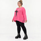 Langarmshirt in Pink aus Baumwolle mit Elasthan und Rundhalsausschnitt in weiter A-Linie