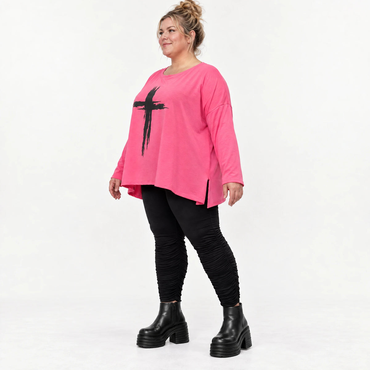 Langarmshirt in Pink aus Baumwolle mit Elasthan und Rundhalsausschnitt in weiter A-Linie