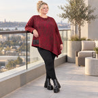 Langarmshirt aus flauschigem Feinstrick in Rot/Braun mit asymmetrischem Zipfelsaum