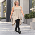 Ärmellose Tunika in Taupe aus weichem Modal Stretch mit lockerer A-Linie und Seitenspitzen