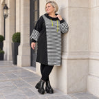 Gestreiftes Winterkleid aus Stretchjersey in Gelb/Schwarz/Weiß mit gerader Schnittform