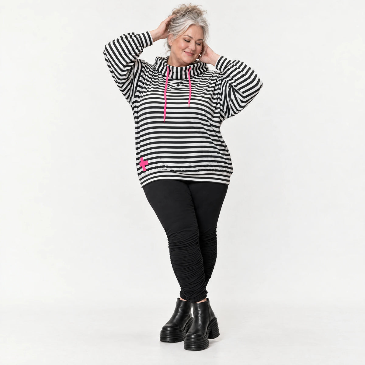 Gestreifter Hoody in Schwarz/Weiß/Pink aus weichem Stretchjersey mit Kapuze ungefüttert