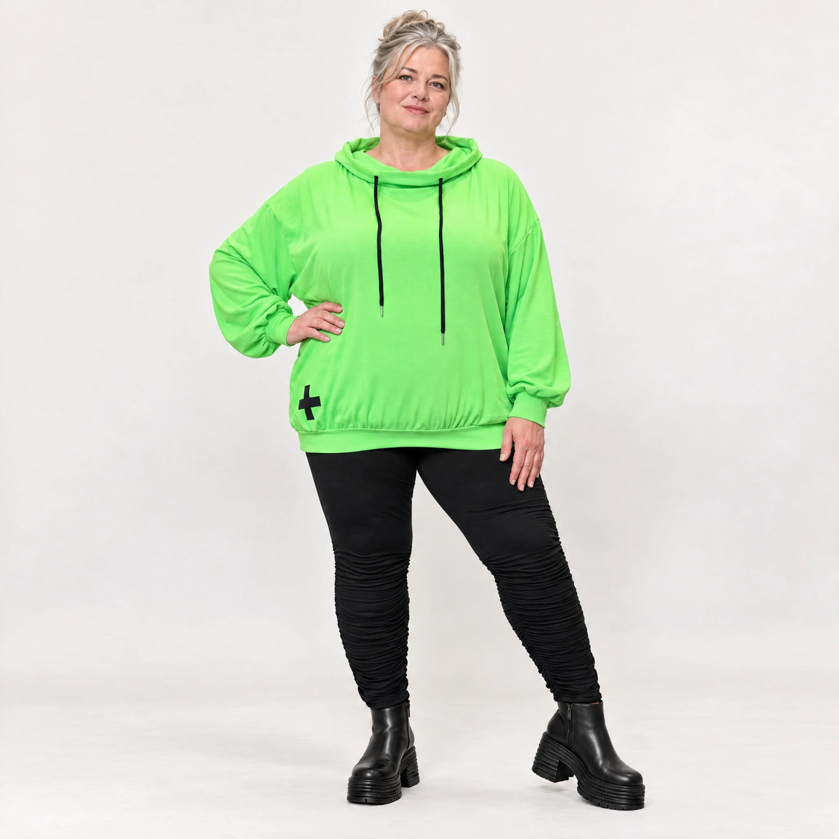 Grüner Hoody aus weichem Baumwolljersey mit Stretch Kapuze und gerader Schnittform