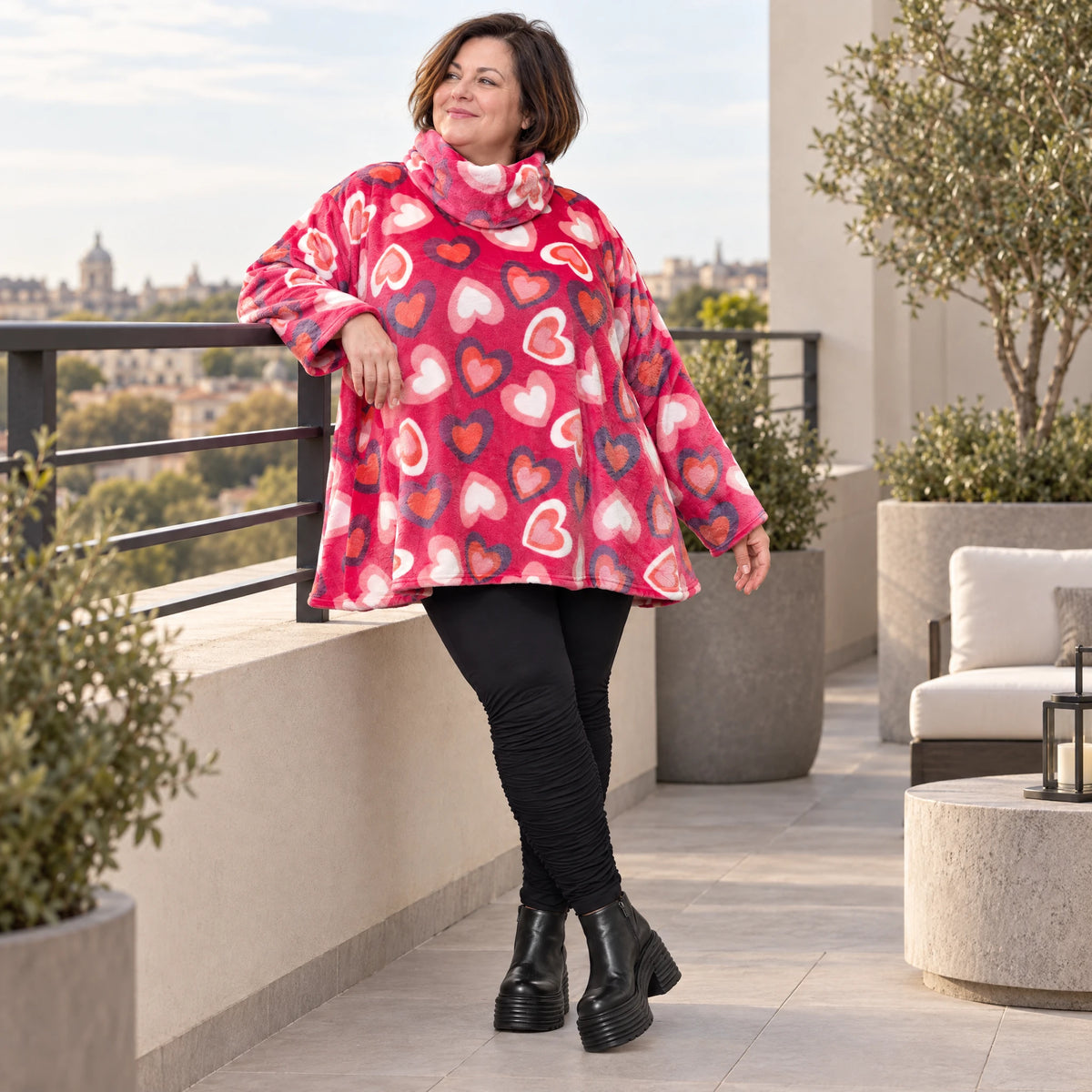 Flauschiges Langarmshirt in Pink/Rosa/Weiß mit Rollkragen und lockerer A-Linie aus Plüsch