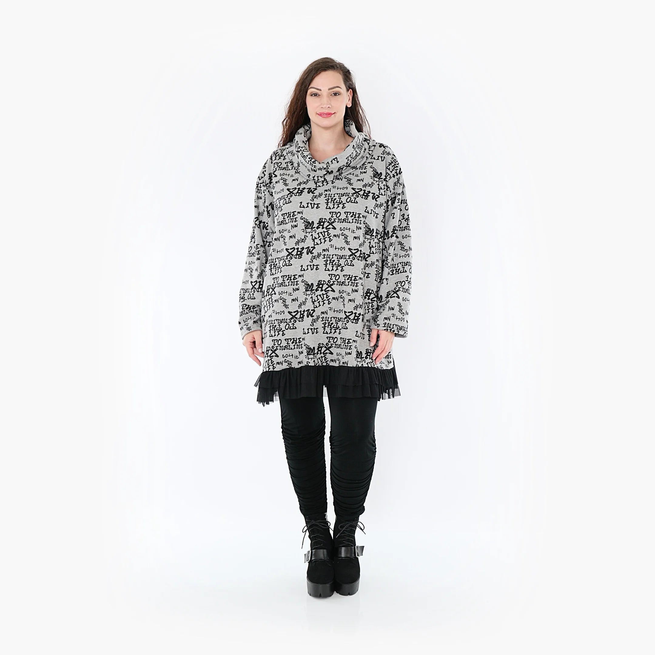  A-Form Bigshirt von AKH Fashion aus Baumwolle, 1376.01919, Grau-Schwarz, Buchstaben, Schick