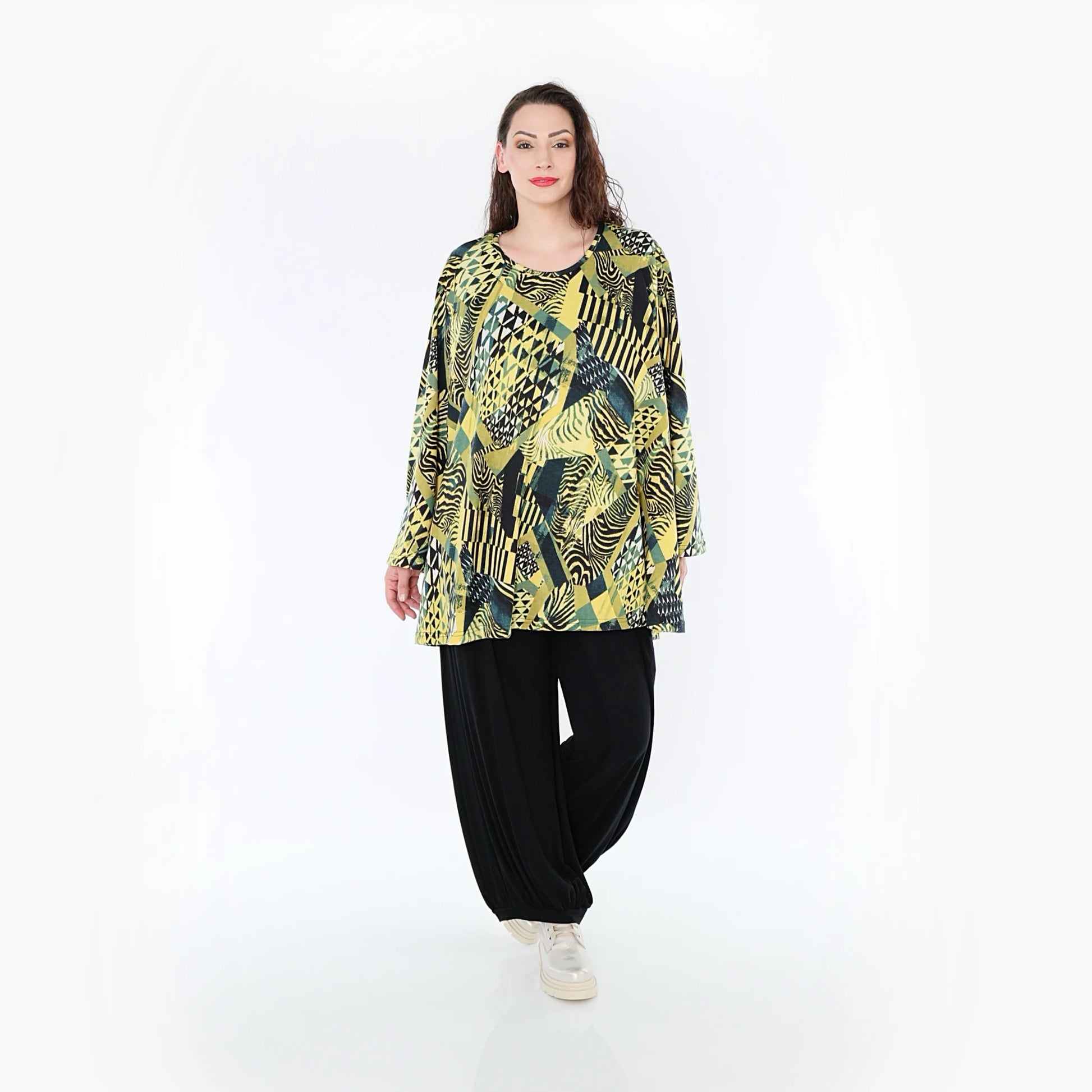  A-Form Bigshirt von AKH Fashion aus Viskose, 1396.00593, Senf-Olive-Schwarz, Grafik, Schick