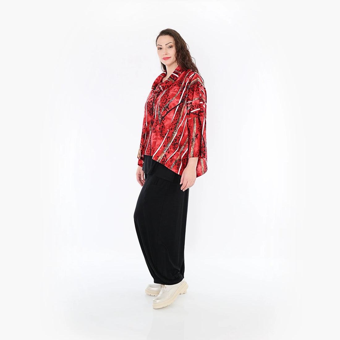  AKH Fashion Bigshirt in kastiger Form, aus Viskose, 1398.03019, Rot-Cognac-Schwarz, Streifen