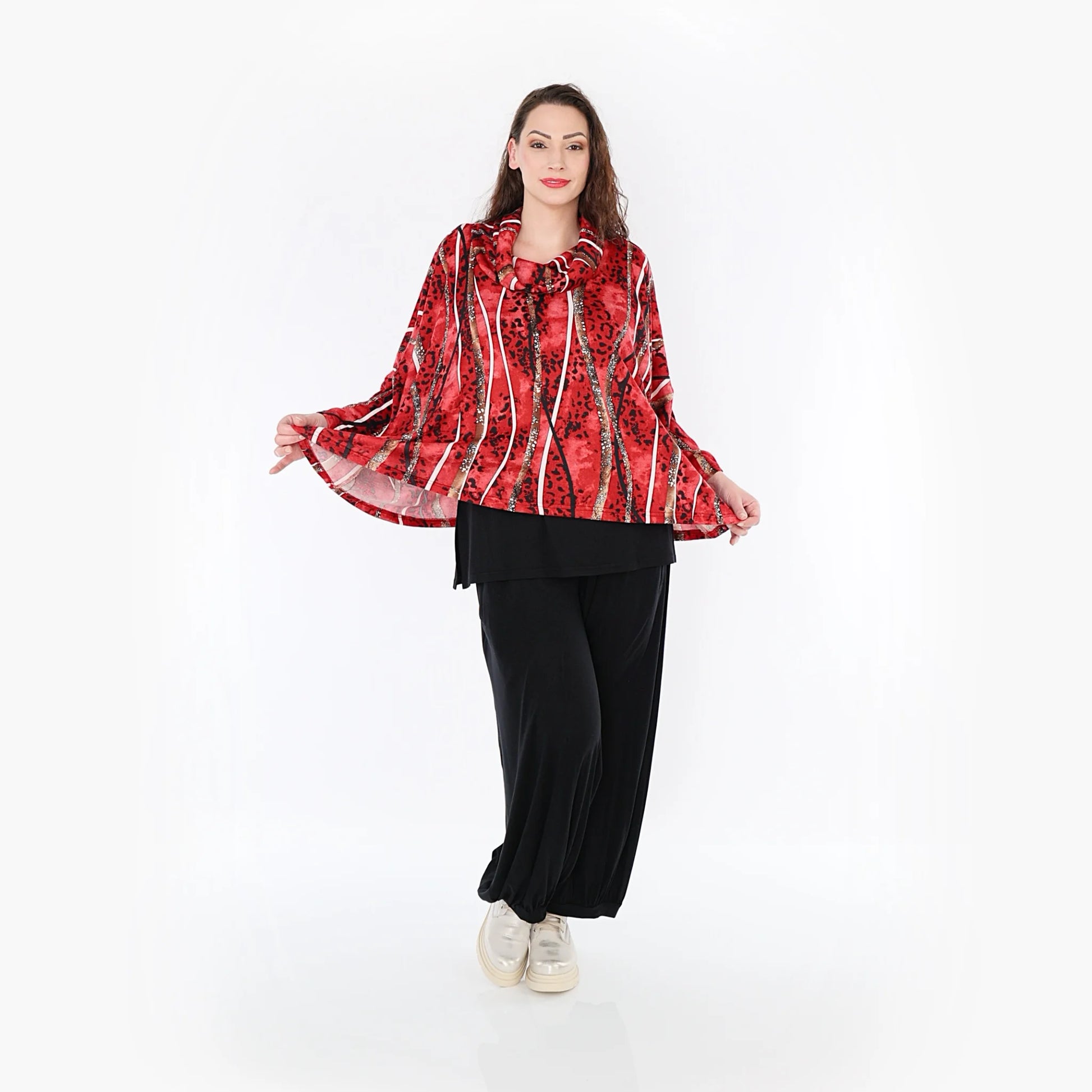  AKH Fashion Bigshirt in kastiger Form, aus Viskose, 1398.03019, Rot-Cognac-Schwarz, Streifen