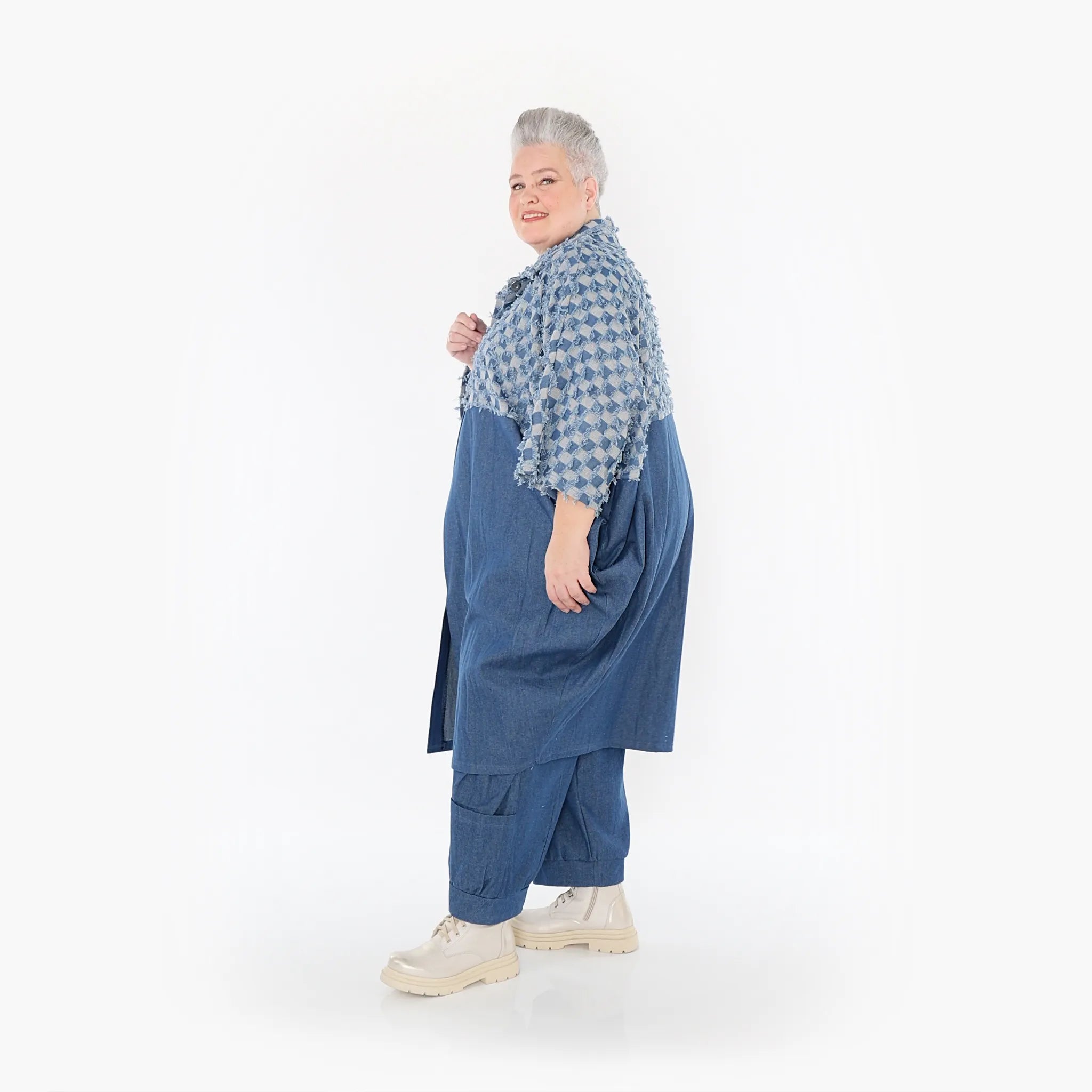 Ballonmantel von AKH Fashion aus Baumwolle, 1463.07055, Jeansblau/Grau, Kariert, Schick