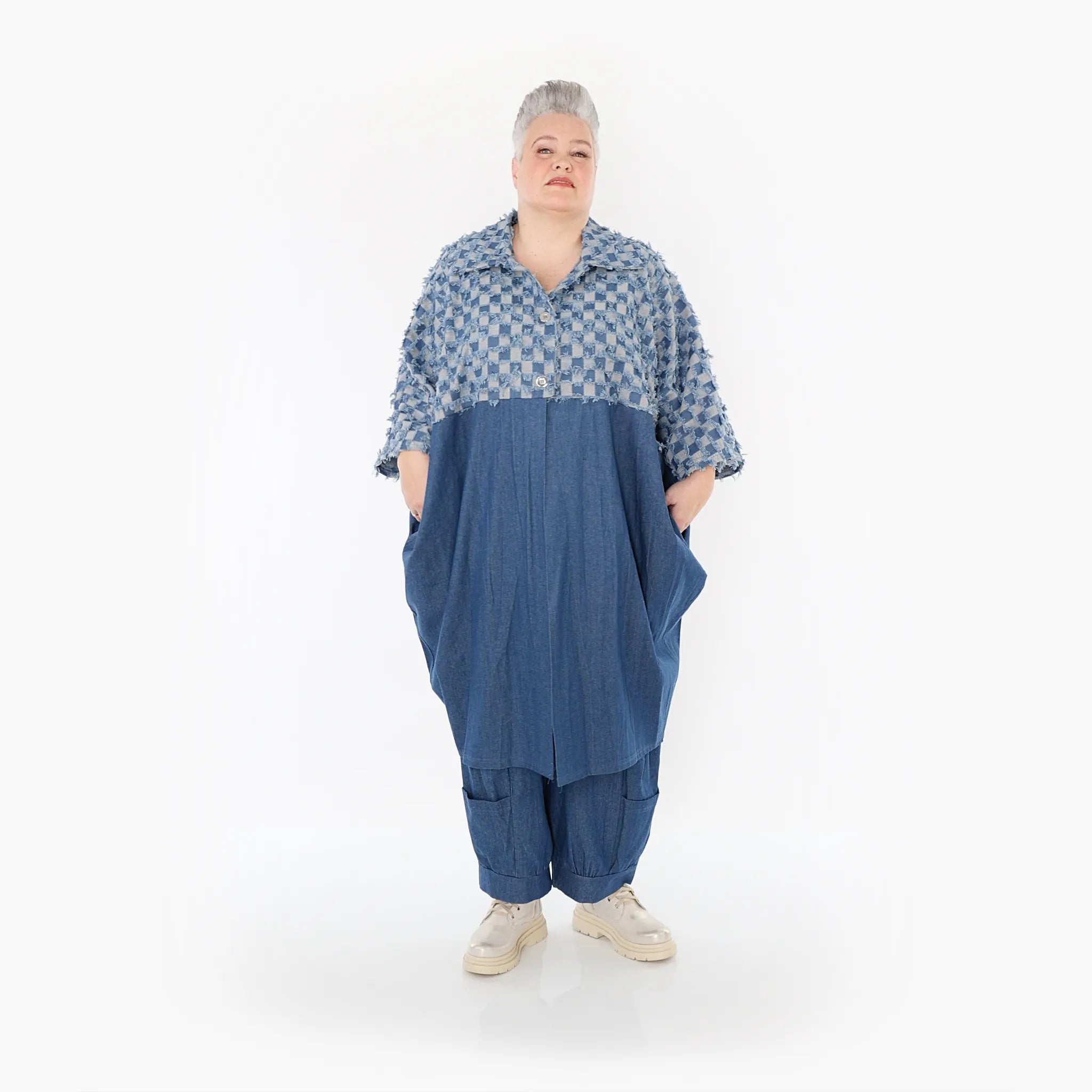  Ballonmantel von AKH Fashion aus Baumwolle, 1463.07055, Jeansblau/Grau, Kariert, Schick