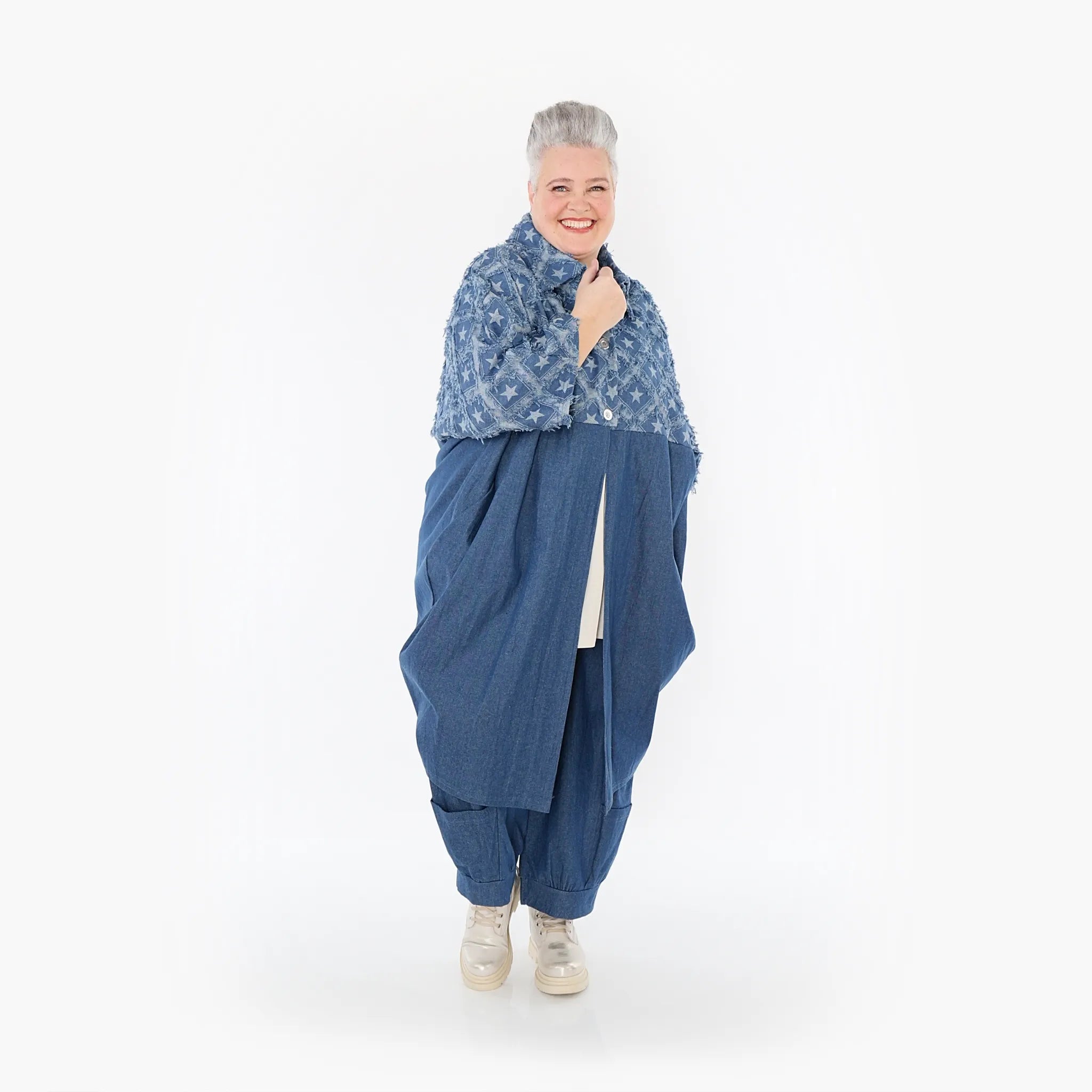  Ballonmantel von AKH Fashion aus Baumwolle, 1464.07055, Jeansblau/Grau, Raute, Schick