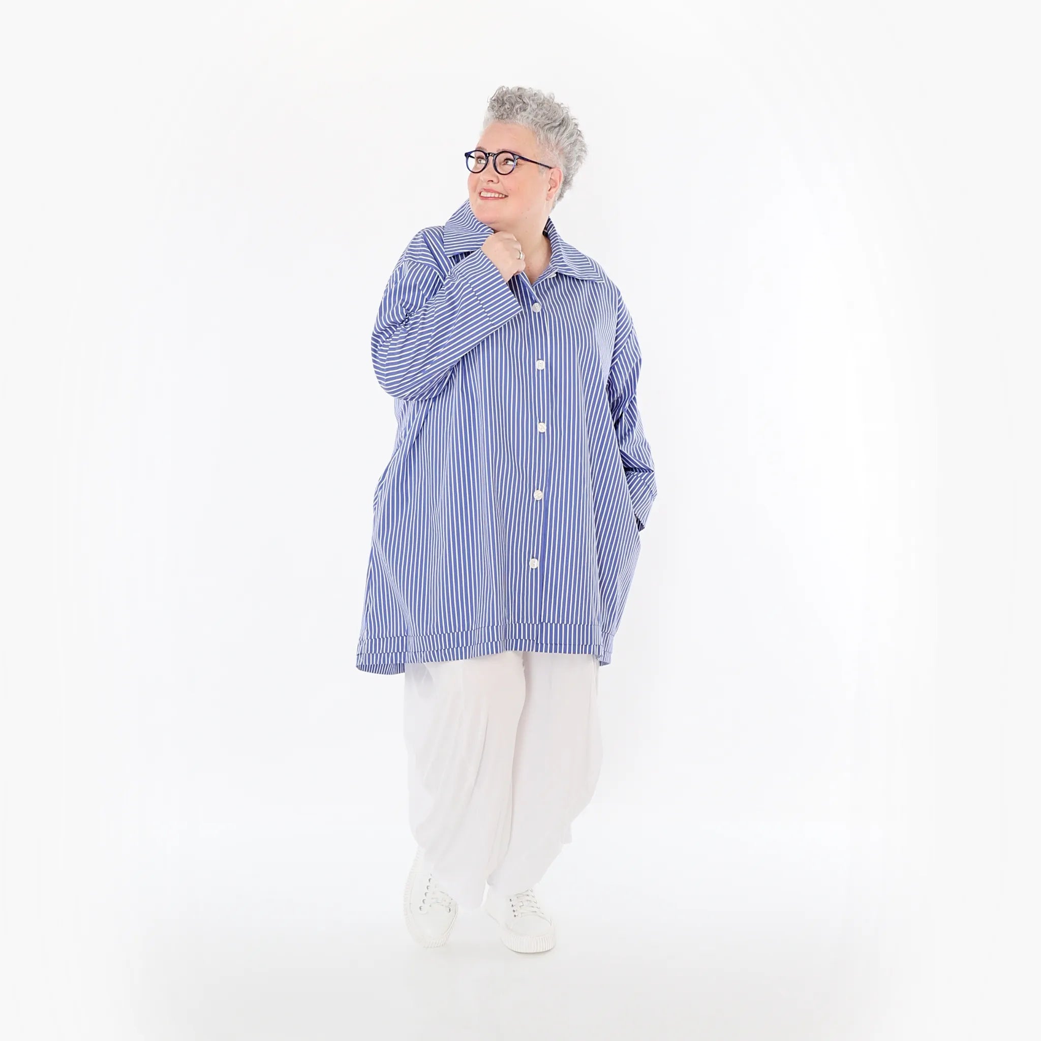A-Form Bluse von AKH Fashion aus Baumwolle, 1472.07010, Blau/Weiß, Streifen, Ausgefallen
