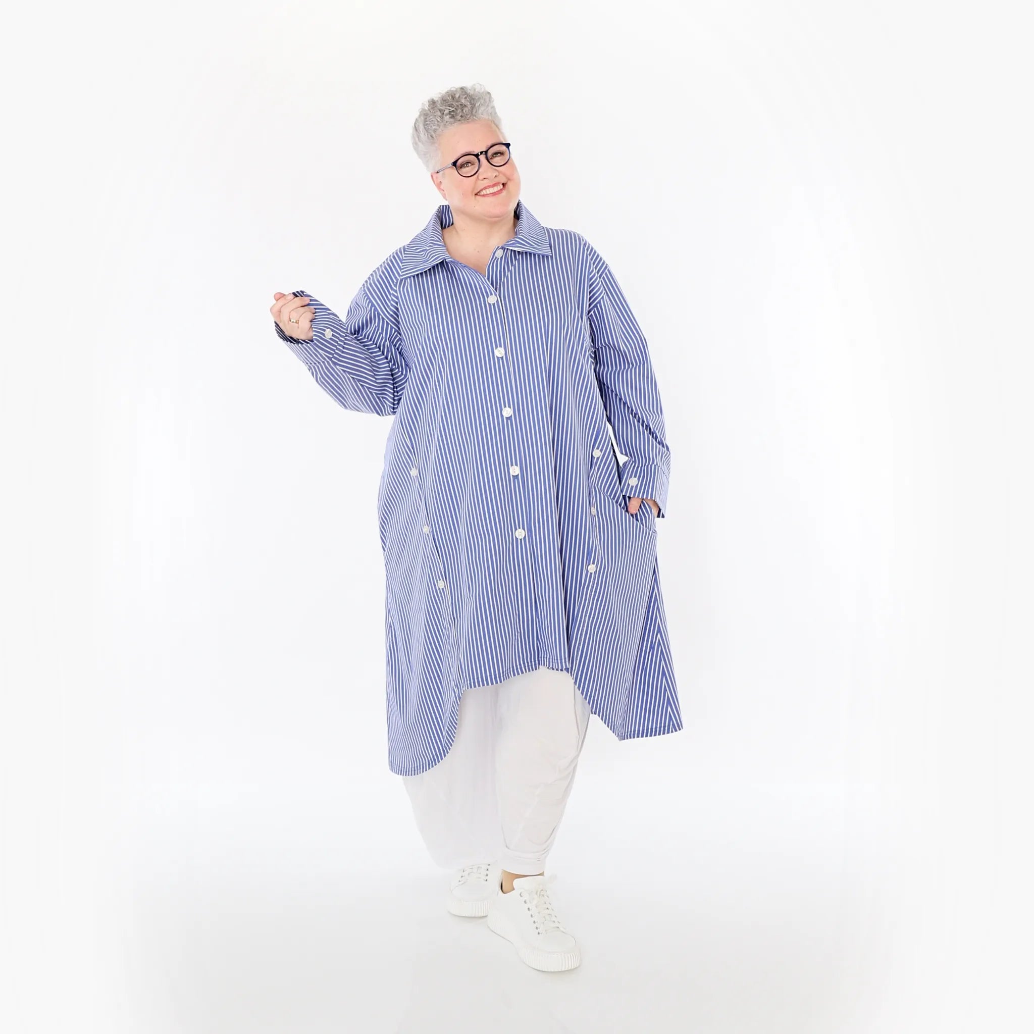  A-Form Bluse von AKH Fashion aus Baumwolle, 1472.07057, Blau/Weiß, Streifen, Ausgefallen