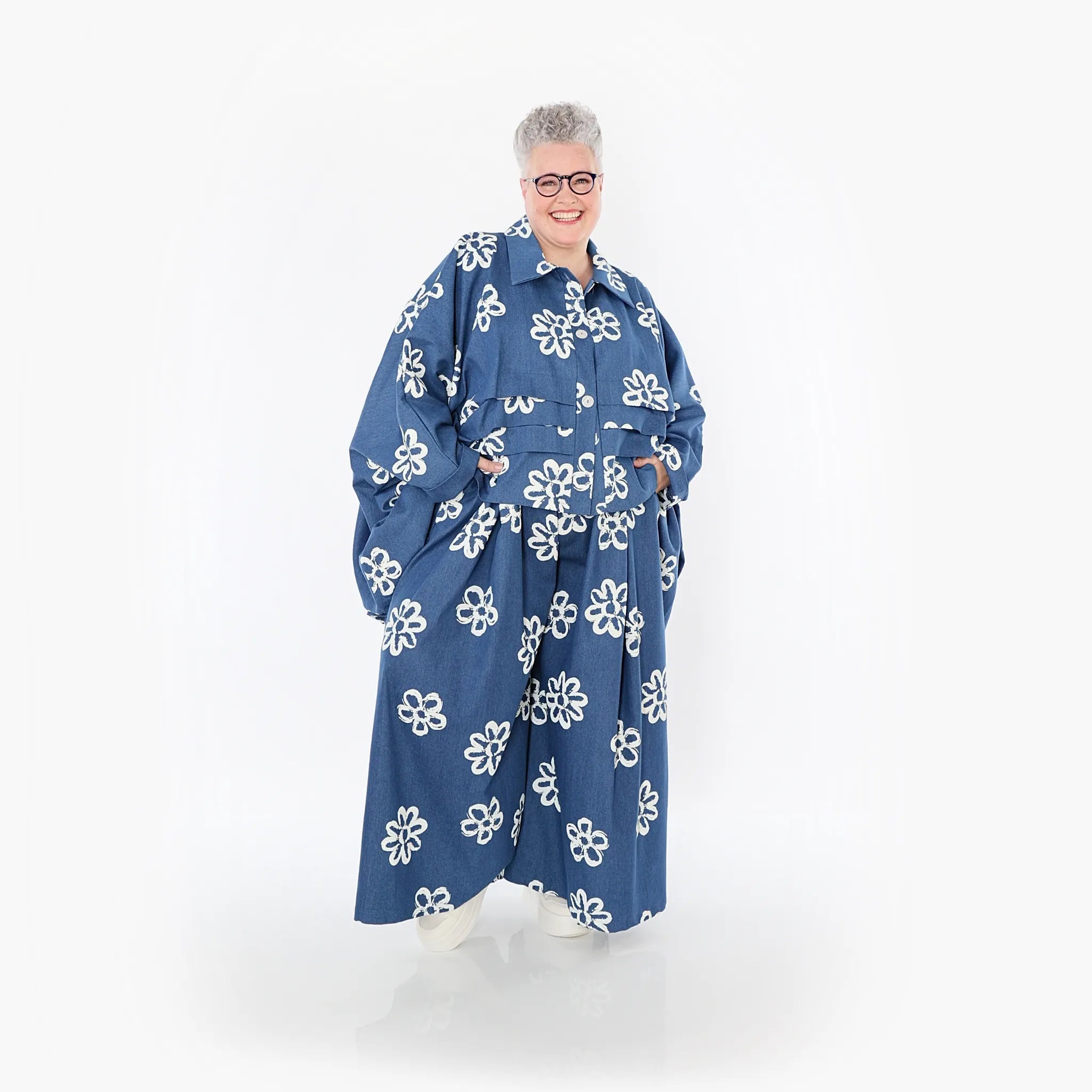  Palazzo Hose von AKH Fashion aus Baumwolle, 1485.07077, Jeansblau/Weiß, Blumen, Schick