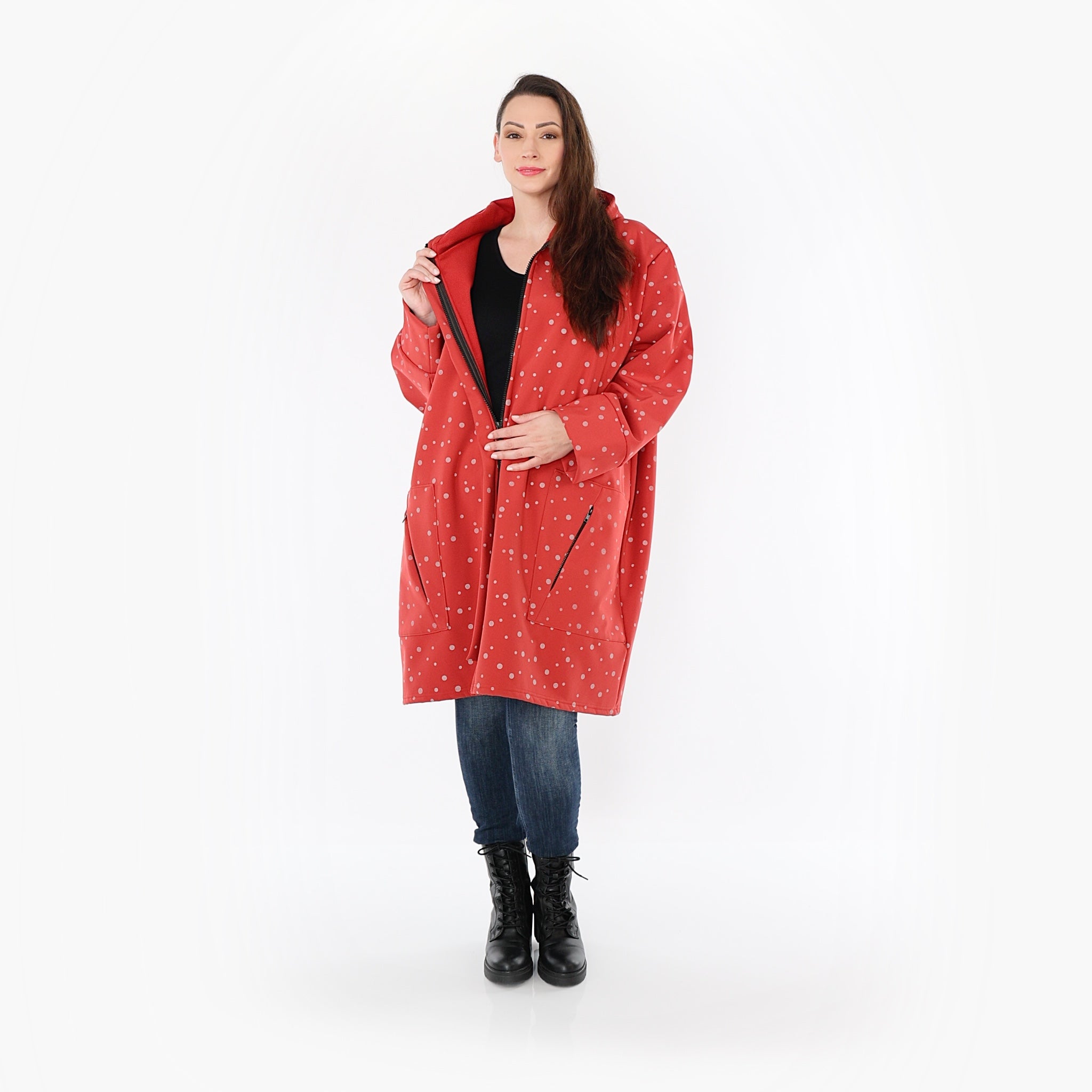  AKH Fashion Mantel in gerader Form, aus Polyester, 1512.07035, Rot/Grau, Punkte, Schick