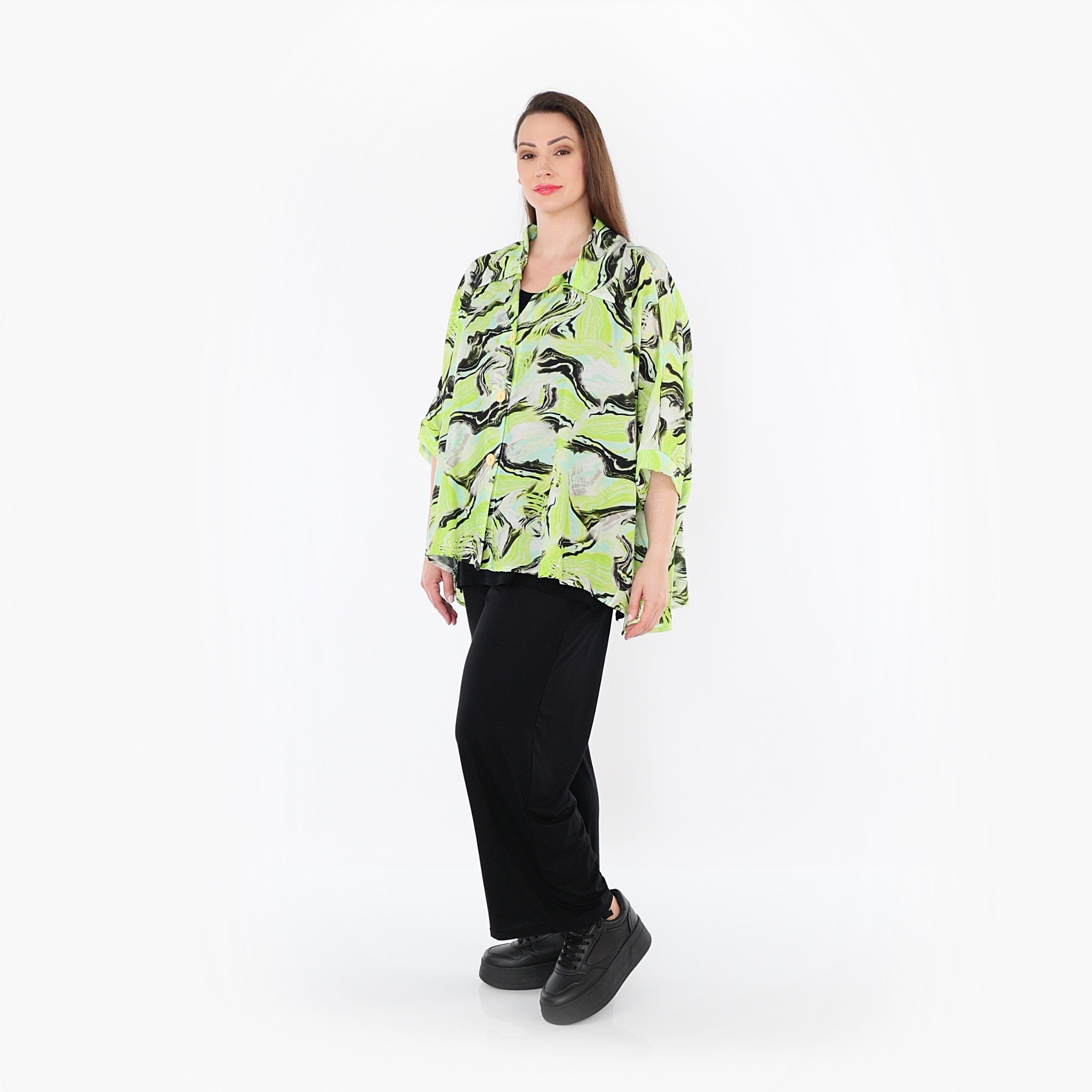 AKH Fashion Bluse in gerundeter Form, aus Rayon, 1510.07092, Grün/Türkis/Schwarz, Wellen