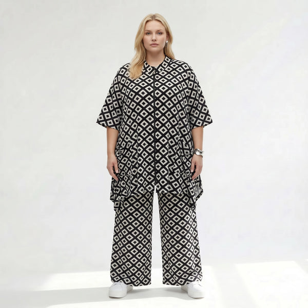 Damen Jacke Lagenlook Polyester Schwarz/Weiß, A-Form, Rauten, 3/4-Arm, Stehkragen, Oversize große Größen – AKH Fashion