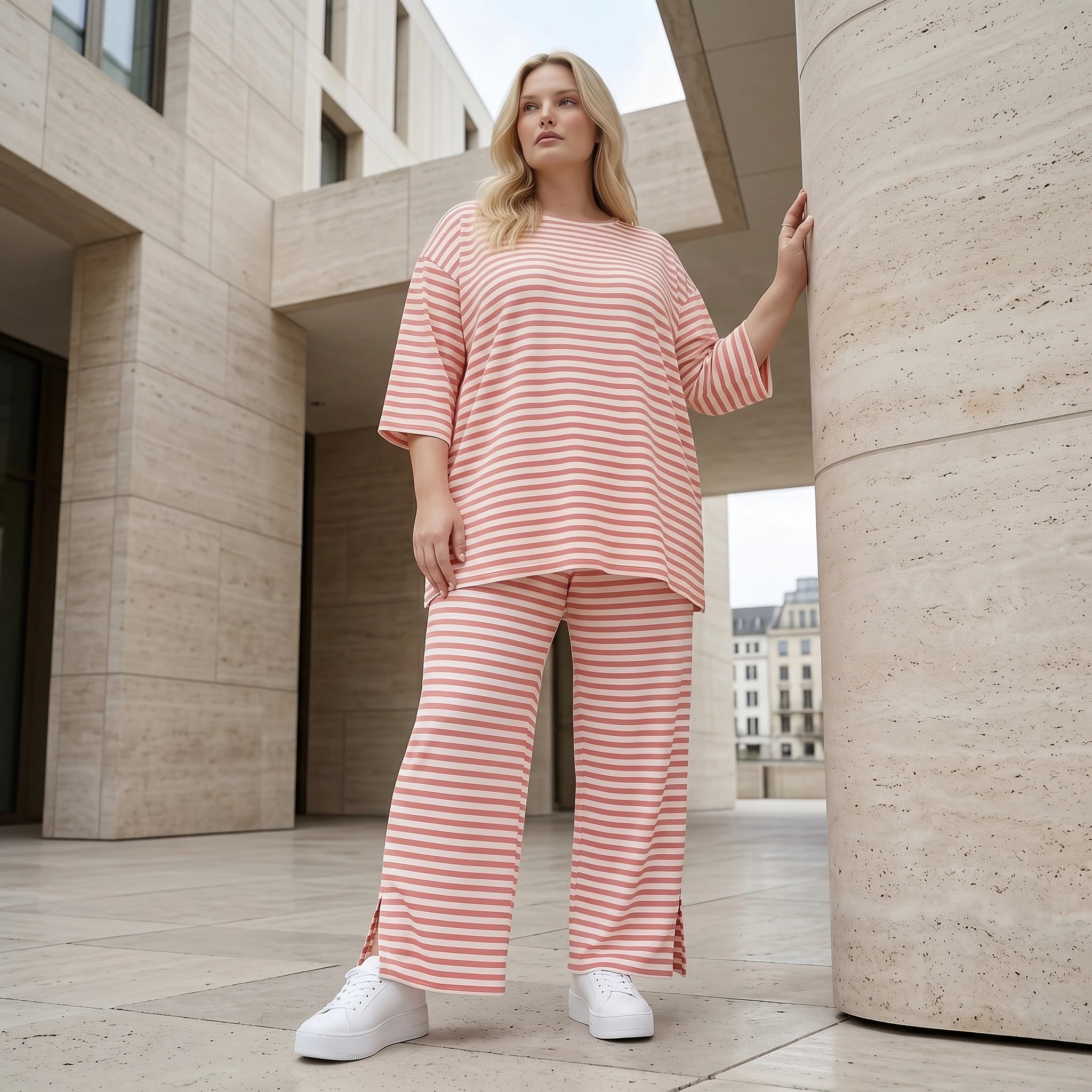 Stilvolle Lagenlook Hose aus weichem Jersey in legerer Oversize Form mit Schlitz, Weiß/Lachs