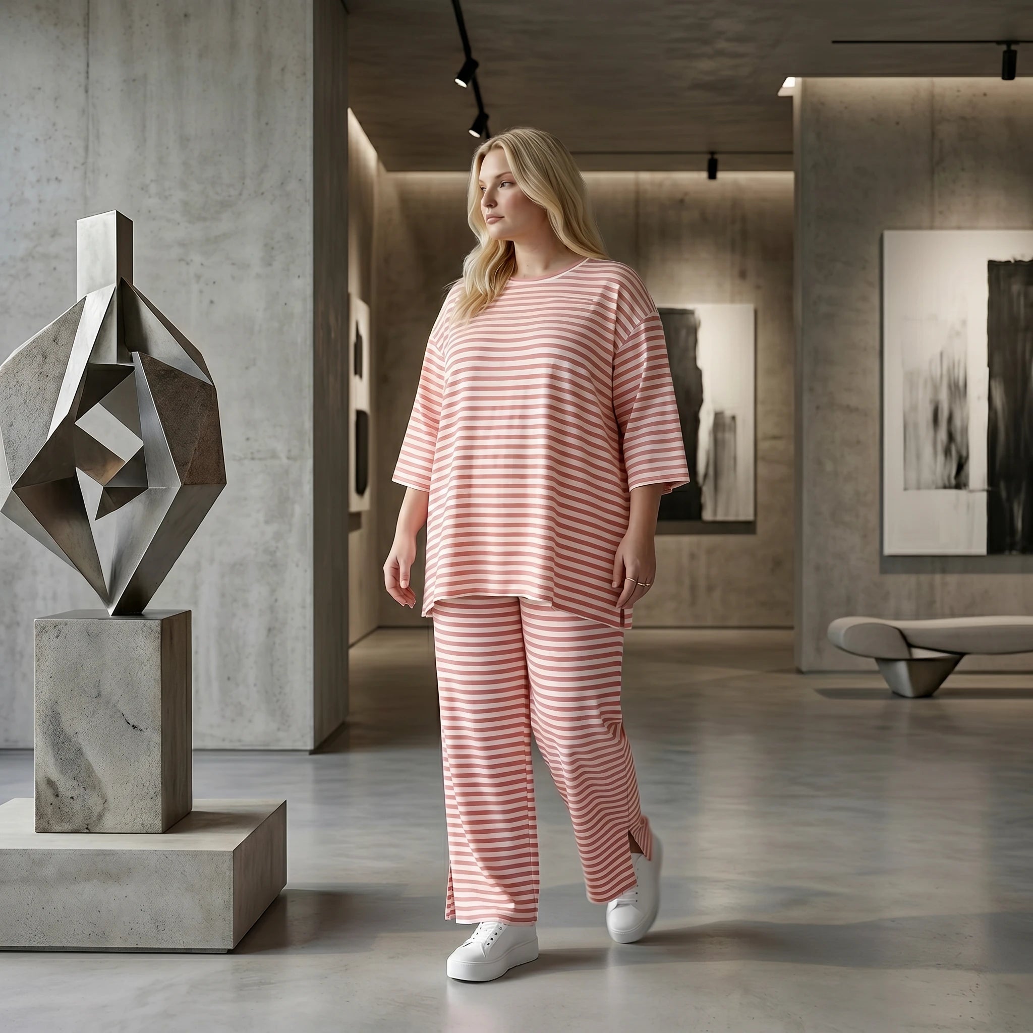 Stilvolle Lagenlook Hose aus weichem Jersey in legerer Oversize Form mit Schlitz, Weiß/Lachs