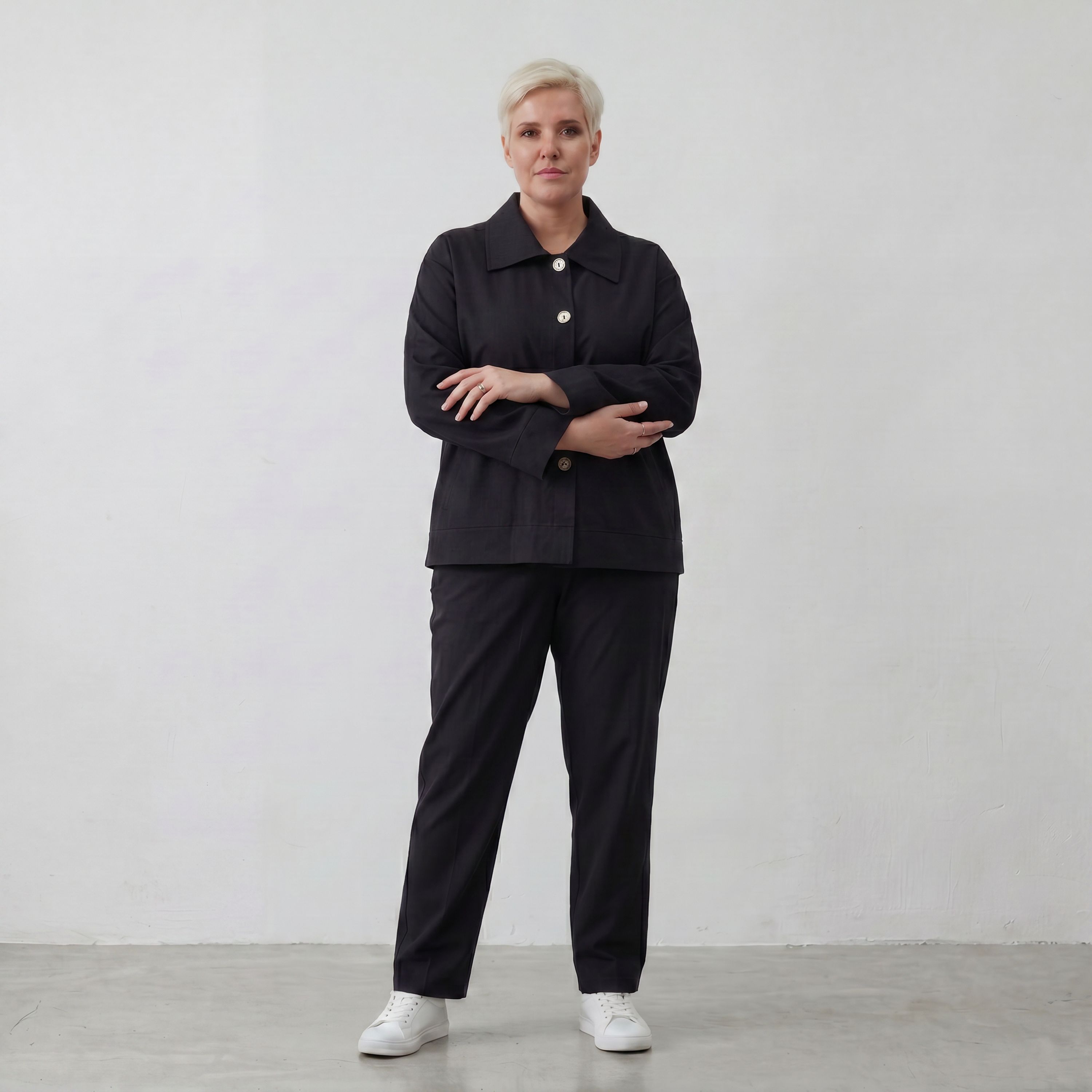 Schwarzer Oversize Blazer leger und zeitlos mit Stretchkomfort und Lagenlook cleanem Look