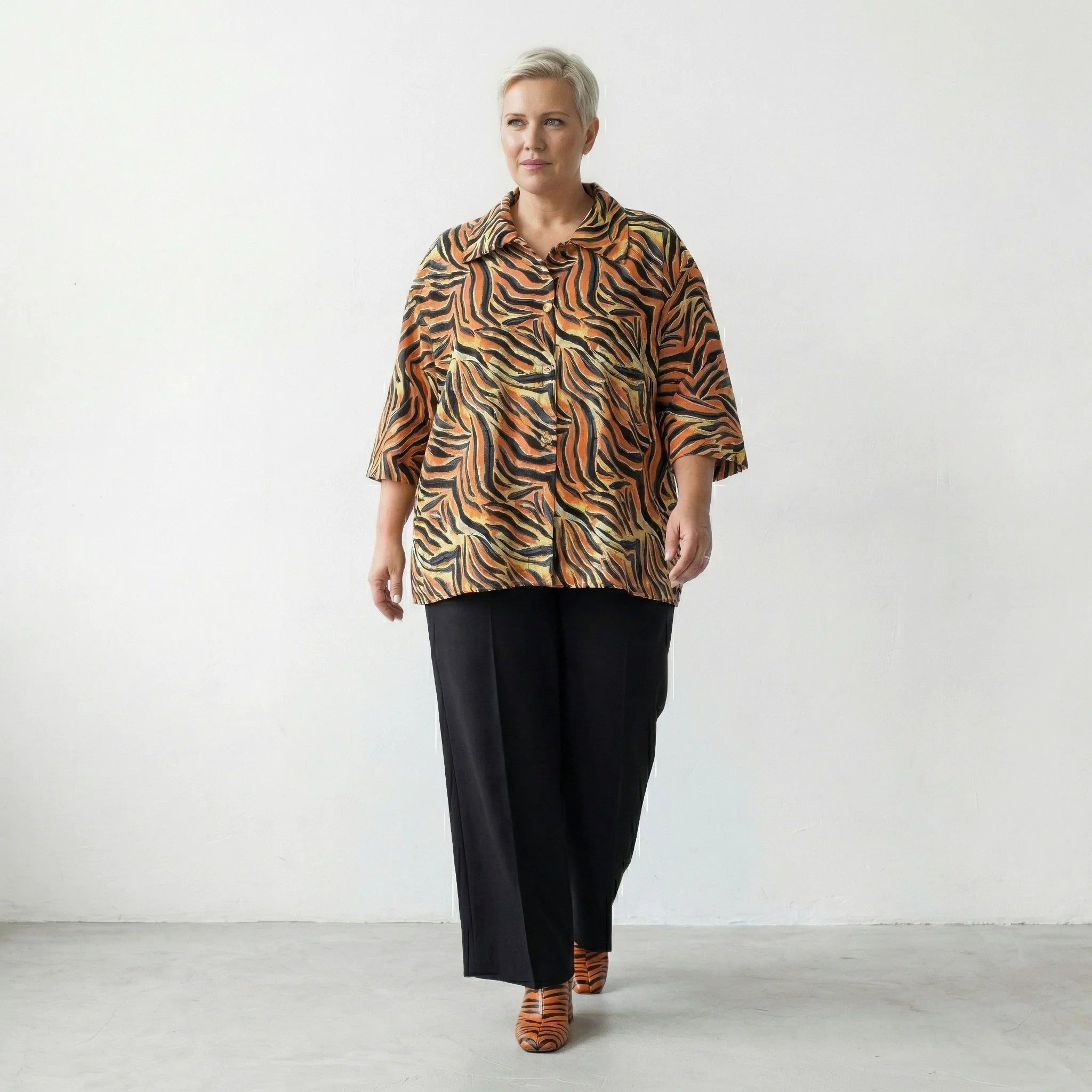 Luftige Oversize Jacke aus feiner Popeline im ausgefallenen Zebra Lagenlook, wunderbar weich, Orange/Schwarz/Gelb