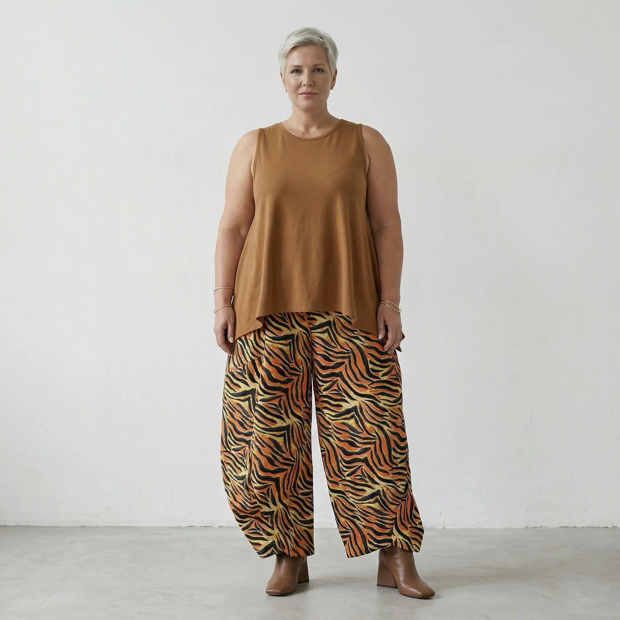 Luftige Ballonhose im ausgefallenen Zebra-Lagenlook aus feiner Baumwolle und Viskose, Orange/Schwarz/Gelb